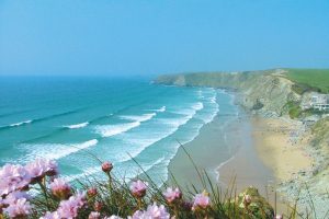 Watergate Bay beach with pink flowers on cliffs