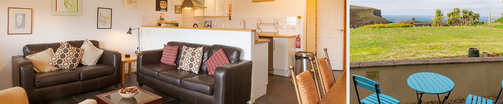 white lodge living area and view from balcony