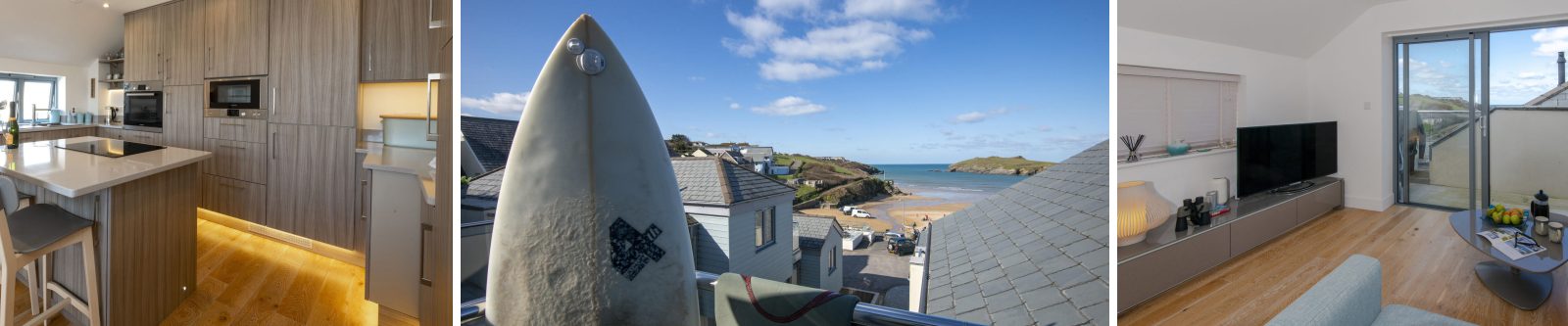 kitchen, view with surfboard, lounge