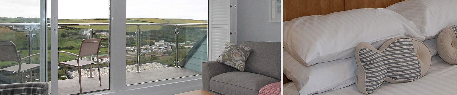Mawgan Porth Apartments - lounge with view from balcony and bedroom