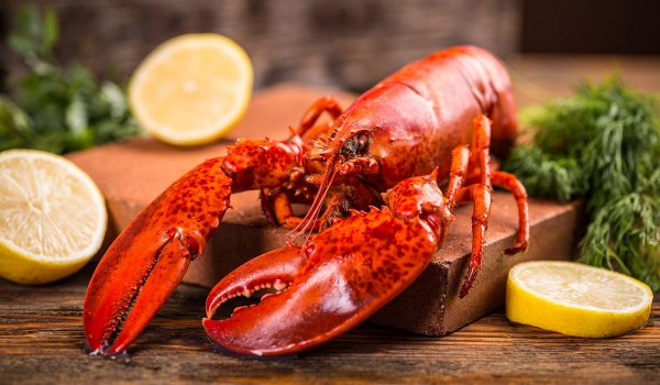 Red lobster on a wooden platter with fresh lemon and dill