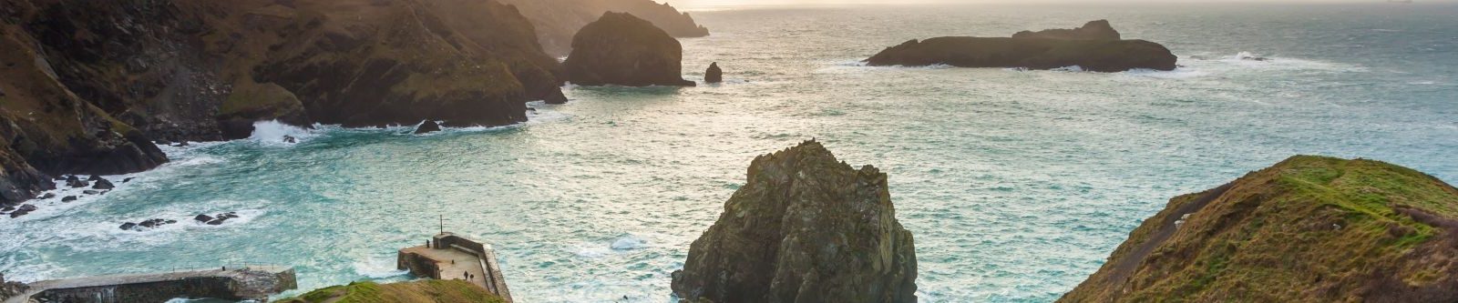 View of sea and coastline at Mullion Cove in the winter