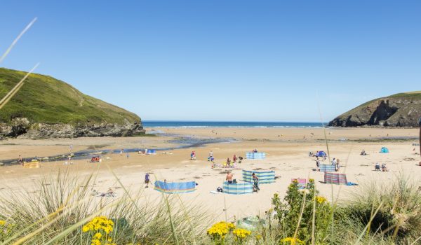 Sunbathers on Mawgan Porth Beach