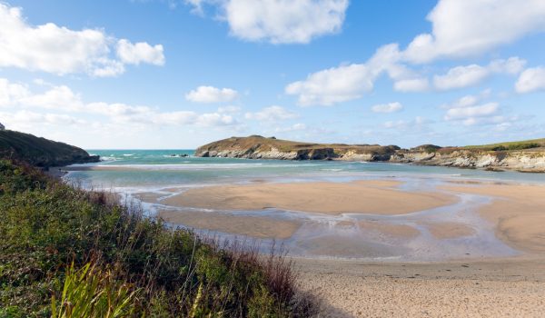 Porth beach and sea and Trevelgue Head Newquay