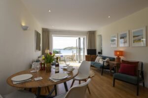 Sea views from open plan living room at No 6 Beach House, a 3 bedroom apartment